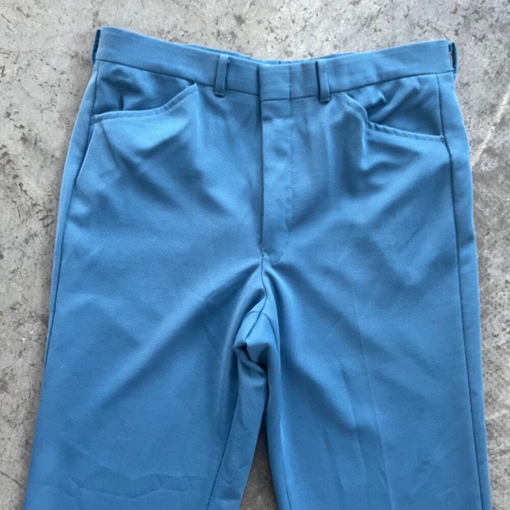 Vintage 70s Blue Textured Polyester Slacks Talon Zipper 34 - Picture 2 of 10